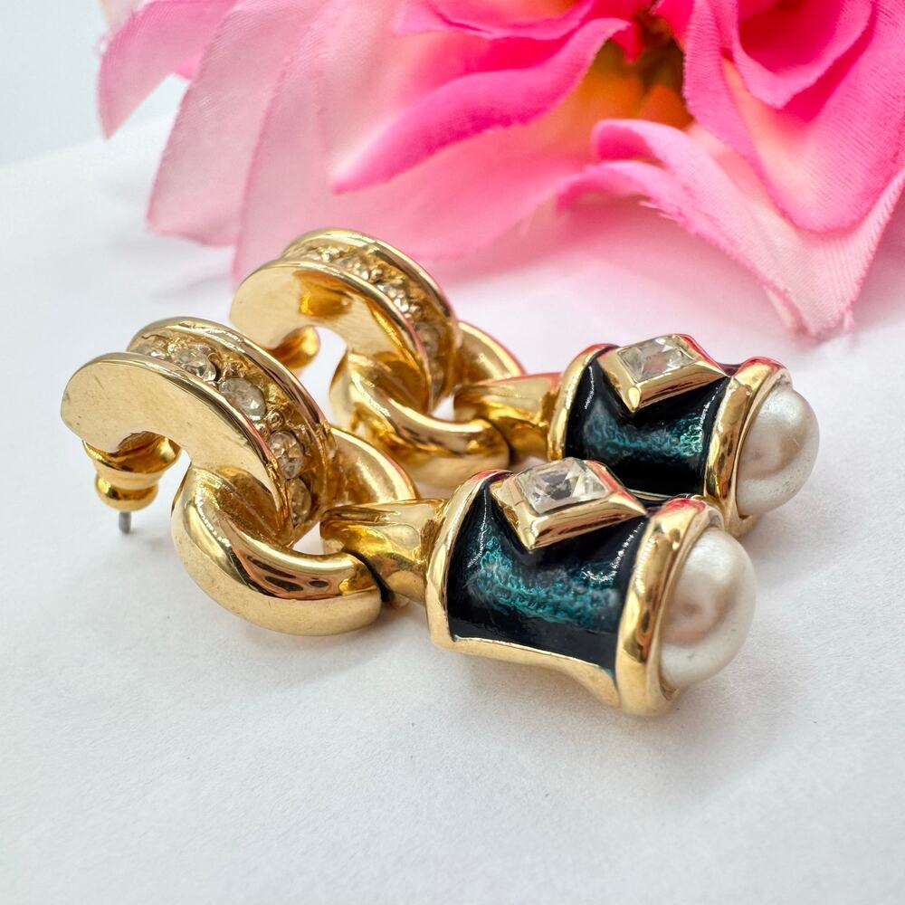 Vintage Piscitelli Blue Guilloche Door Knocker Earrings Gold Tone Rhinestones - Picture 2 of 10